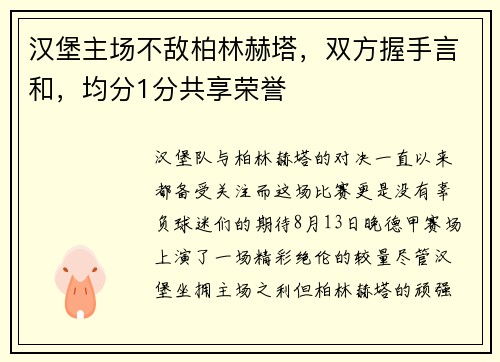 汉堡主场不敌柏林赫塔，双方握手言和，均分1分共享荣誉