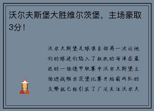 沃尔夫斯堡大胜维尔茨堡，主场豪取3分！