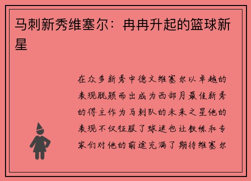马刺新秀维塞尔：冉冉升起的篮球新星